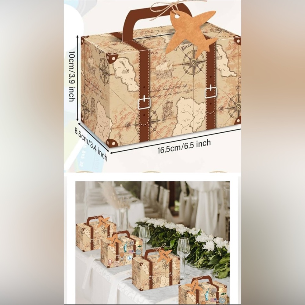 10pc GIFT BOX 🧳 Travel Favor Box Vintage Map Party Favor Box w/ Airplane Tag DIY